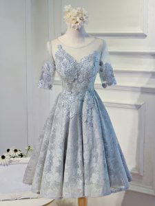 Grey Lace Up Scoop Lace and Appliques Homecoming Dress Organza Half Sleeves