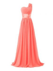 Dynamic Watermelon Red Sleeveless Floor Length Ruching Lace Up Bridesmaids Dress