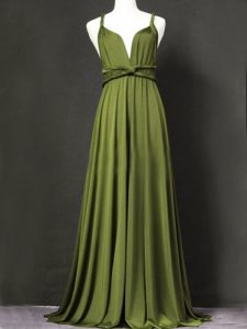 Olive Green Empire Ruching Quinceanera Court of Honor Dress Criss Cross Chiffon Sleeveless Floor Length