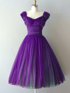 Purple Chiffon Lace Up V-neck Cap Sleeves Knee Length Bridesmaid Gown Ruching