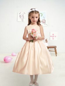 Tea Length Zipper Toddler Flower Girl Dress Champagne for Wedding Party with Ruching