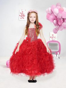 Ankle Length Ball Gowns Sleeveless Red Little Girls Pageant Gowns Side Zipper