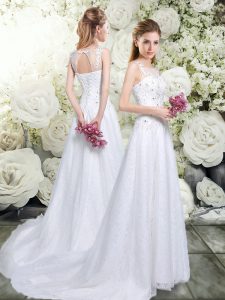 Fancy White Scoop Lace Up Beading and Lace and Appliques Wedding Gown Brush Train Sleeveless