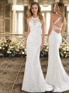 Artistic White Sleeveless Brush Train Lace Wedding Dresses