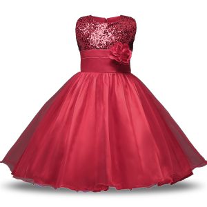 Wine Red Sleeveless Organza and Sequined Zipper Flower Girl Dress for Military Ball and Sweet 16 and Quinceanera