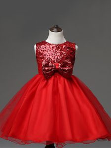 Sleeveless Tea Length Sequins and Bowknot Zipper Kids Formal Wear with Red