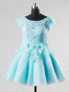 Most Popular Aqua Blue Backless Party Dresses Lace and Appliques and Hand Made Flower Short Sleeves Mini Length