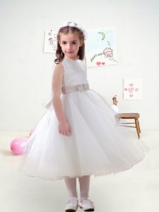 Customized Tulle Bateau Sleeveless Zipper Belt Flower Girl Dresses for Less in White
