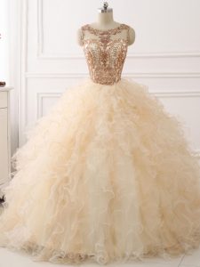 Suitable Ball Gowns Sleeveless Champagne Quinceanera Gowns Sweep Train Lace Up