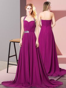 Custom Made Sleeveless Beading and Ruching Zipper Prom Dresses with Fuchsia Brush Train