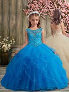Fashionable Blue Sleeveless Tulle Lace Up Little Girl Pageant Gowns for Party and Wedding Party