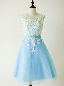Luxury Light Blue Sleeveless Knee Length Lace Lace Up Wedding Party Dress