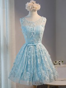 Comfortable Scoop Sleeveless Lace Up Prom Evening Gown Light Blue Tulle