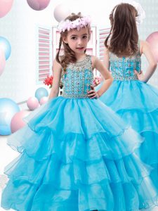 Trendy Aqua Blue Pageant Gowns For Girls Wedding Party with Beading and Ruffled Layers Scoop Sleeveless Zipper
