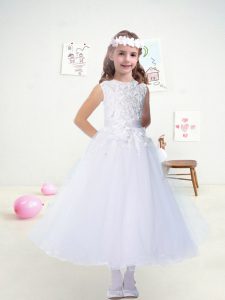 Inexpensive White Sleeveless Lace and Belt Ankle Length Toddler Flower Girl Dress