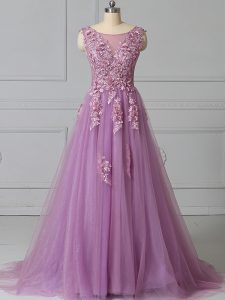 Tulle Sleeveless Prom Gown Brush Train and Appliques and Pattern