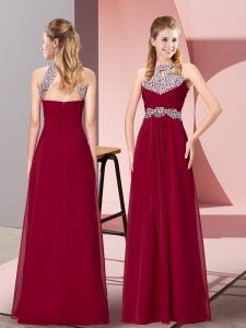 Burgundy Chiffon Zipper Halter Top Sleeveless Floor Length Prom Dresses Beading and Ruching