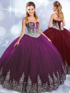 Floor Length Lace Up Ball Gown Prom Dress Eggplant Purple for Military Ball and Sweet 16 and Quinceanera with Beading an