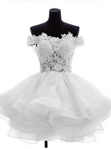 Inexpensive White A-line Off The Shoulder Sleeveless Organza Mini Length Zipper Beading and Lace and Ruffles Prom Evenin