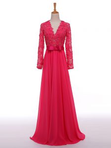 Decent Long Sleeves Chiffon Floor Length Zipper Mother of Bride Dresses in Hot Pink with Lace and Appliques and Belt