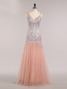 Floor Length Peach Prom Dresses Tulle Sleeveless Beading and Sequins
