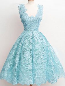 Attractive Lace Sleeveless Knee Length Quinceanera Court Dresses and Lace
