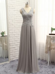 Stylish Grey V-neck Neckline Lace and Appliques Mother of the Bride Dress Sleeveless Zipper