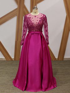 Artistic Fuchsia Empire Beading and Appliques and Belt Mother of Groom Dress Zipper Elastic Woven Satin Long Sleeves Flo