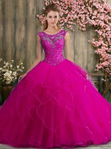 Inexpensive Fuchsia Ball Gowns Beading and Ruffles Quince Ball Gowns Lace Up Tulle Sleeveless Floor Length