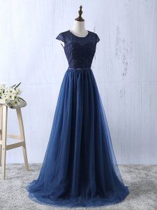 Suitable Navy Blue Prom and Party and Military Ball with Lace and Appliques Scoop Short Sleeves Zipper