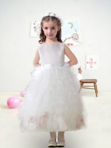 Charming White Ball Gowns Scoop Sleeveless Tulle Ankle Length Zipper Ruffles and Belt Flower Girl Dress