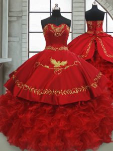 Fancy Sleeveless Beading and Embroidery and Ruffles Lace Up Quinceanera Gown with Wine Red Brush Train