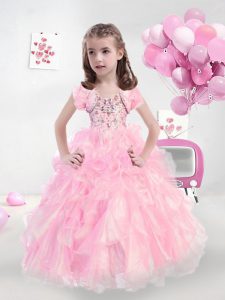 Baby Pink Ball Gowns Beading and Ruffles Kids Pageant Dress Lace Up Organza Sleeveless Floor Length