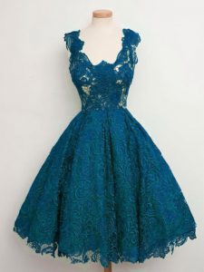 Modest Teal Quinceanera Dama Dress Prom and Party and Wedding Party with Lace Straps Sleeveless Lace Up