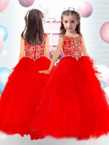 Red Sleeveless Tulle Zipper Little Girls Pageant Dress Wholesale for Party and Wedding Party