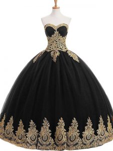 Unique Ball Gowns Sweet 16 Dress Black Strapless Tulle Sleeveless Floor Length Lace Up
