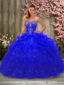 Custom Made Royal Blue Ball Gowns Beading and Pick Ups Quince Ball Gowns Lace Up Organza Sleeveless Floor Length