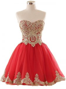 Red Sleeveless Mini Length Appliques Lace Up Homecoming Dress