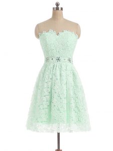 Amazing Sleeveless Lace Mini Length Zipper Prom Evening Gown in Apple Green with Beading and Lace
