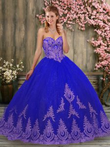Sweet Royal Blue Sleeveless Tulle Brush Train Lace Up Ball Gown Prom Dress for Military Ball and Sweet 16 and Quinceaner