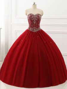 Hot Selling Wine Red Lace Up 15 Quinceanera Dress Beading Sleeveless Floor Length