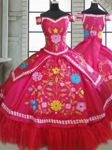 Customized Hot Pink Ball Gowns Sweetheart Short Sleeves Taffeta Floor Length Lace Up Beading and Embroidery Quince Ball 