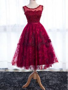 Romantic Tea Length Fuchsia Bridesmaids Dress Lace Sleeveless Lace