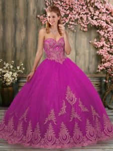 Perfect Sleeveless Appliques Lace Up Quinceanera Gowns with Fuchsia Brush Train