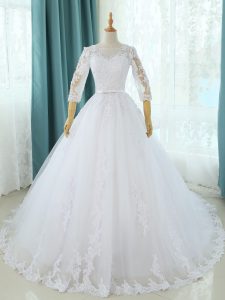 White Tulle Zipper Wedding Dresses Half Sleeves Court Train Lace and Appliques