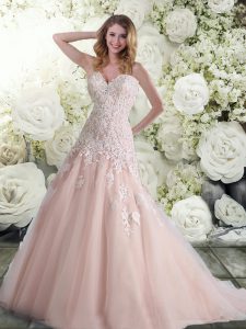 Sleeveless Lace Clasp Handle Wedding Dresses with Pink Brush Train