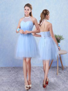 Blue Sleeveless Tulle Lace Up Quinceanera Court of Honor Dress for Prom and Party