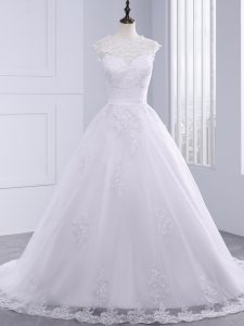 Fashionable Ball Gowns Sleeveless White Wedding Dress Brush Train Clasp Handle