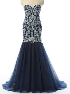 Fine Sweetheart Sleeveless Prom Gown With Train Beading and Embroidery Navy Blue Tulle