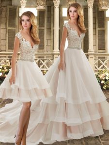 Brush Train Two Pieces Wedding Dresses Champagne V-neck Tulle Cap Sleeves Clasp Handle